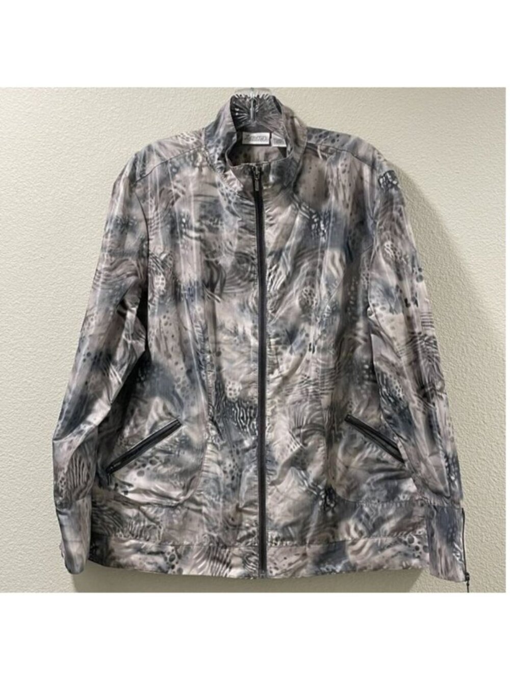 CHICO'S ZENERGY Mali Gray Animal Print Windbreaker Zip Lightweight Jacket XL